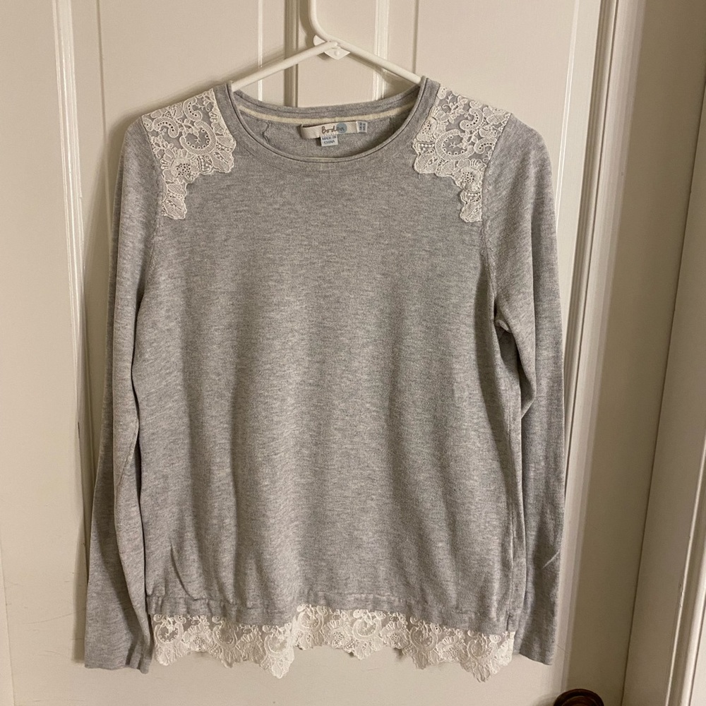 Gray Boden Sweater with White Lace Accents